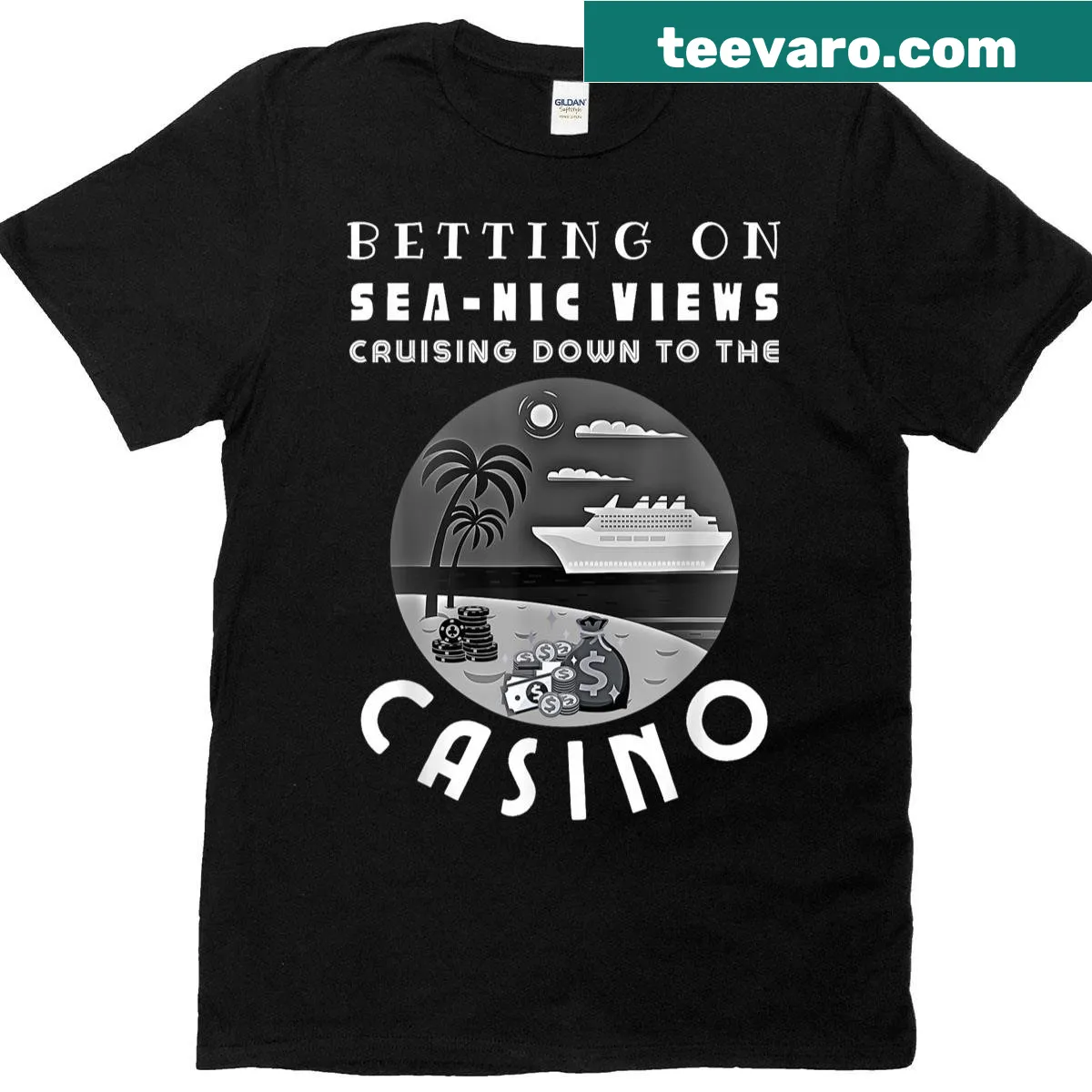 T-shirt showcasing an island and treasure theme with cruising elements — on a men's t-shirt