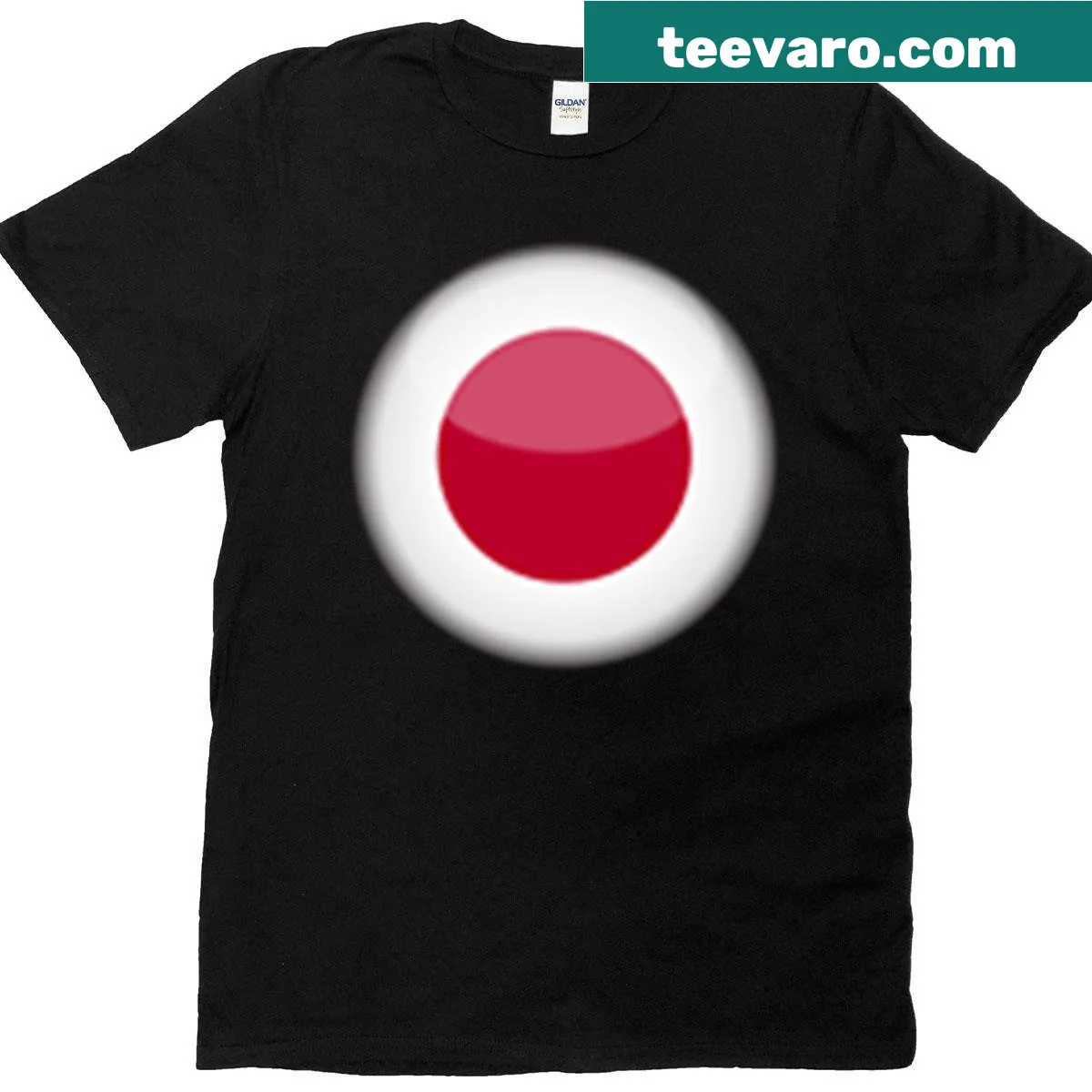Glossy round Japan flag emblem on t-shirt — on a men's t-shirt