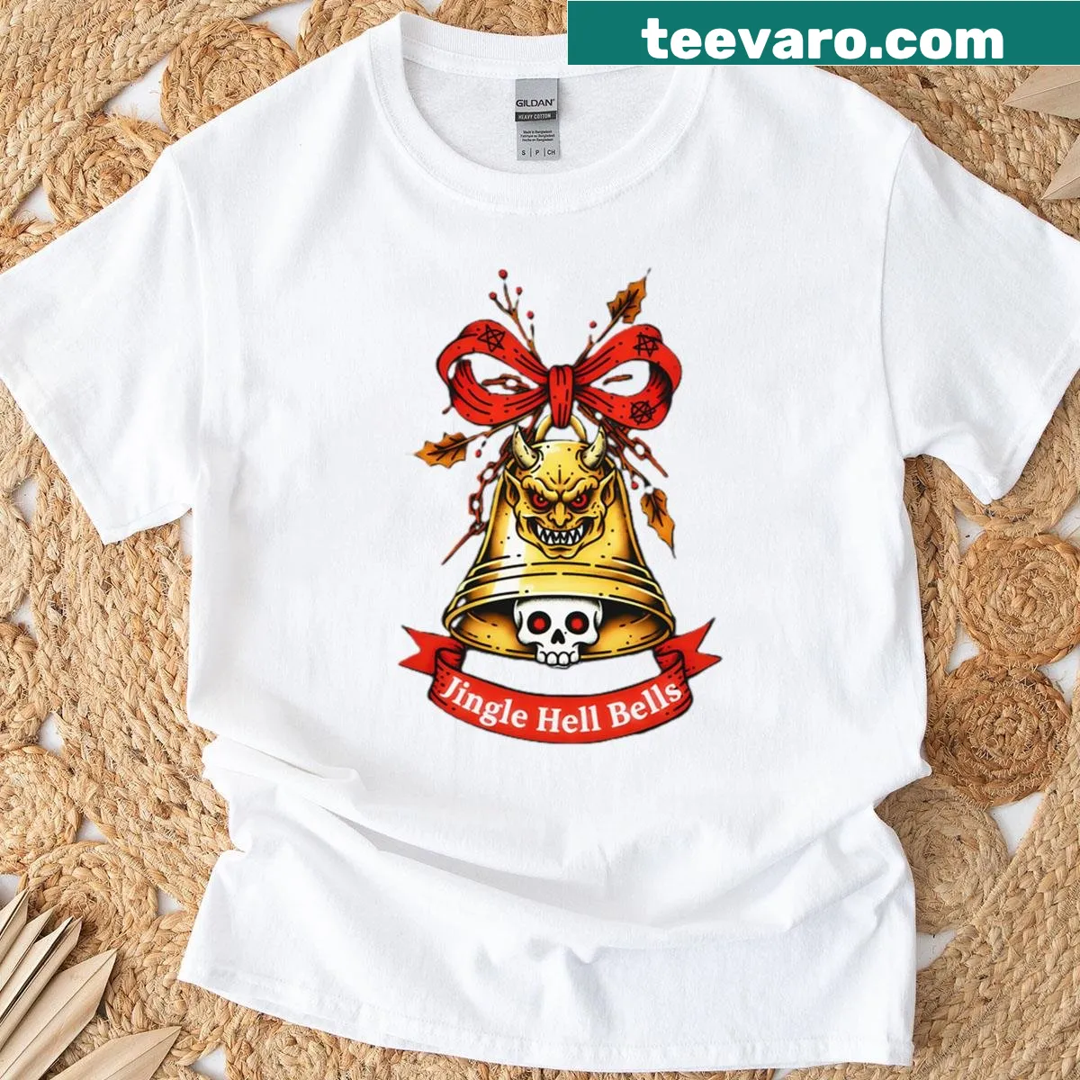Gothic Christmas t-shirt featuring demonic bells illustration — on a men's t-shirt