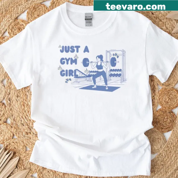 Cute fitness illustration of a girl lifting weights on a T-shirt