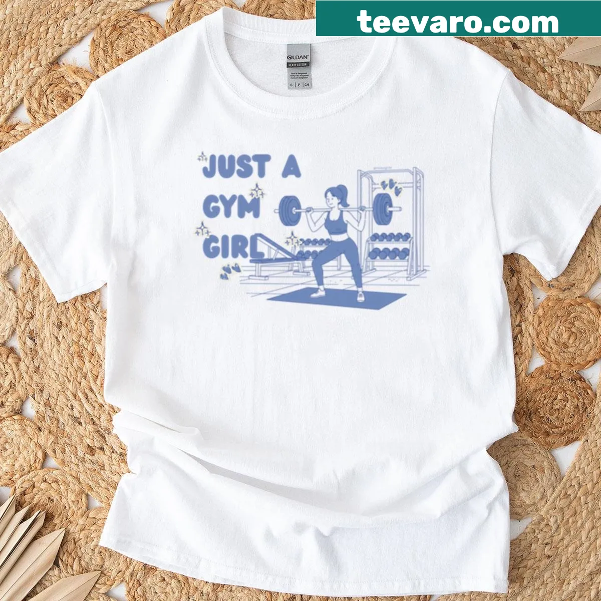 Cute fitness illustration of a girl lifting weights on a T-shirt — on a men's t-shirt