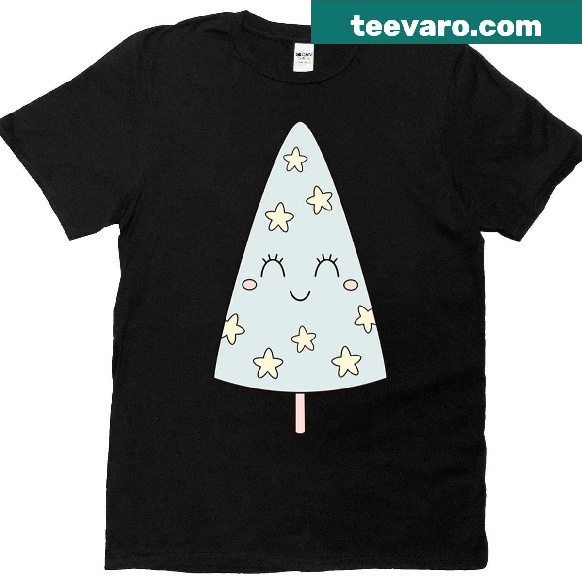 Kawaii-style Christmas tree graphic — on a men's t-shirt