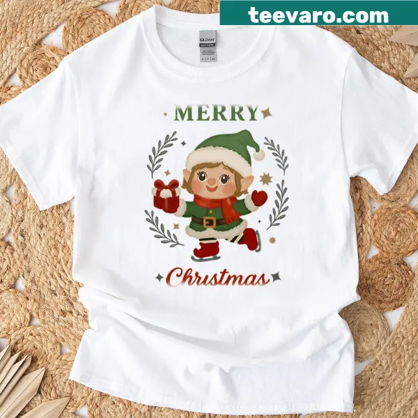 Cute oversized t-shirt featuring a Kawaii Christmas Elf with a gift