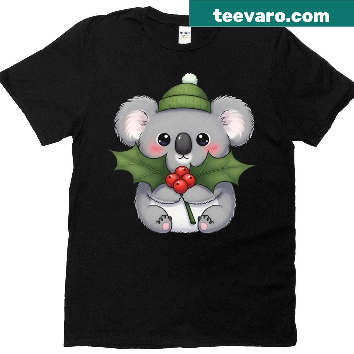 Cute Christmas koala with holly illustrated on T-shirt — on a men's t-shirt