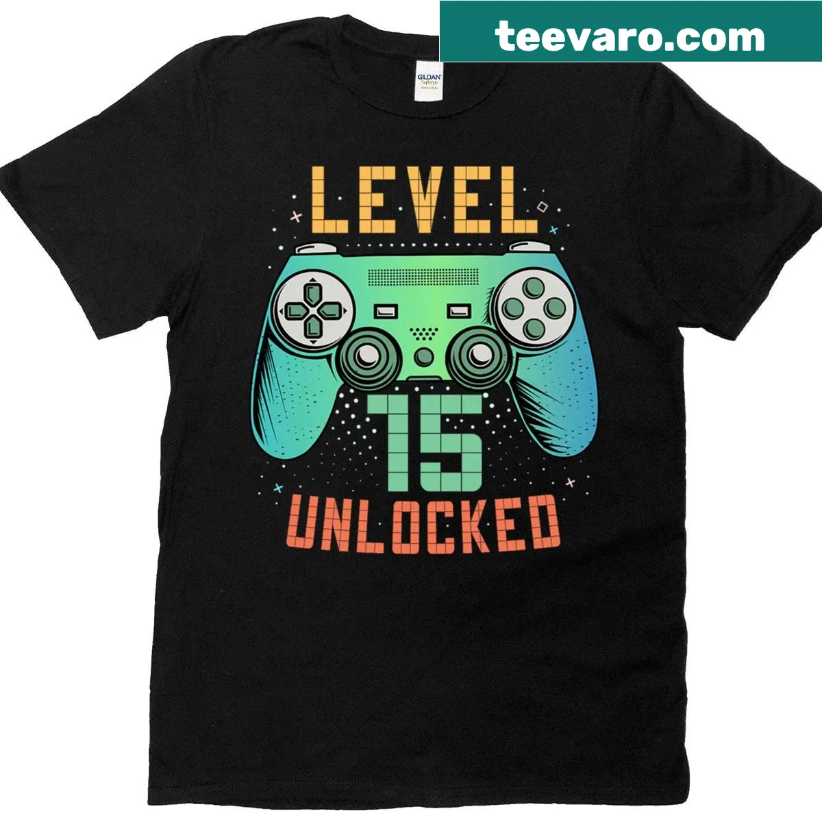 Typography design celebrating Level 15 Unlocked for a birthday gamer. — on a men's t-shirt