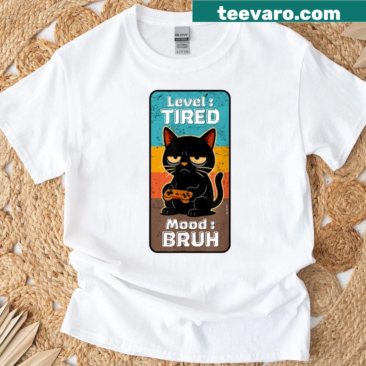 Retro graphic T-shirt with 'Level Tired Mood Bruh' text — on a men's t-shirt