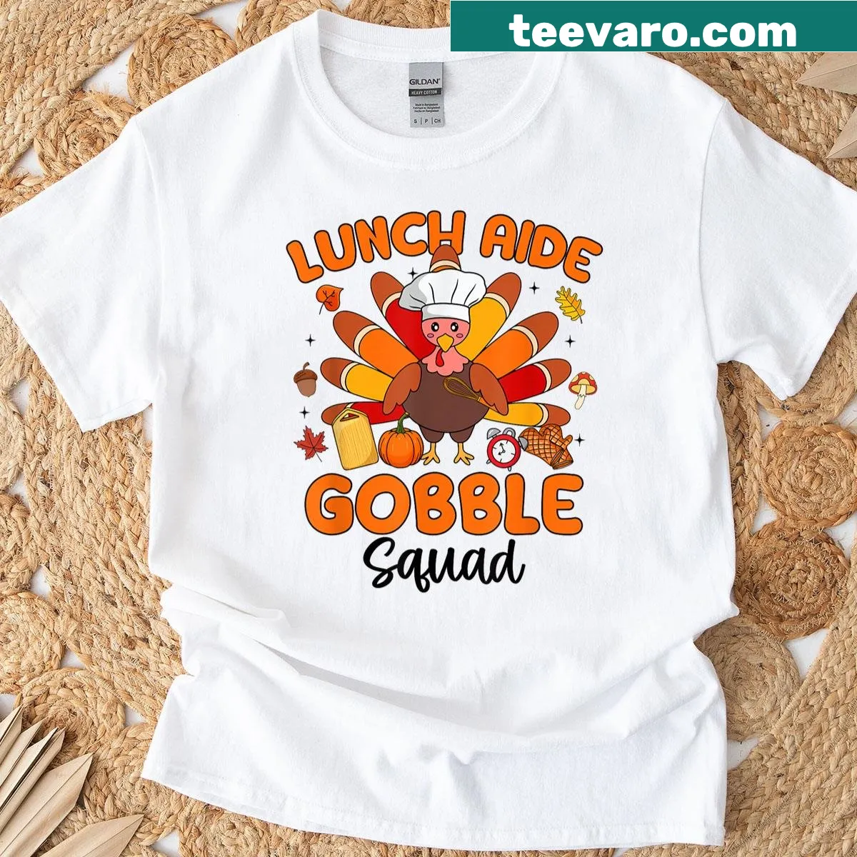 Funny Thanksgiving t-shirt with cartoon turkeys and 'Lunch Aide Gobble Squad' phrase — on a men's t-shirt