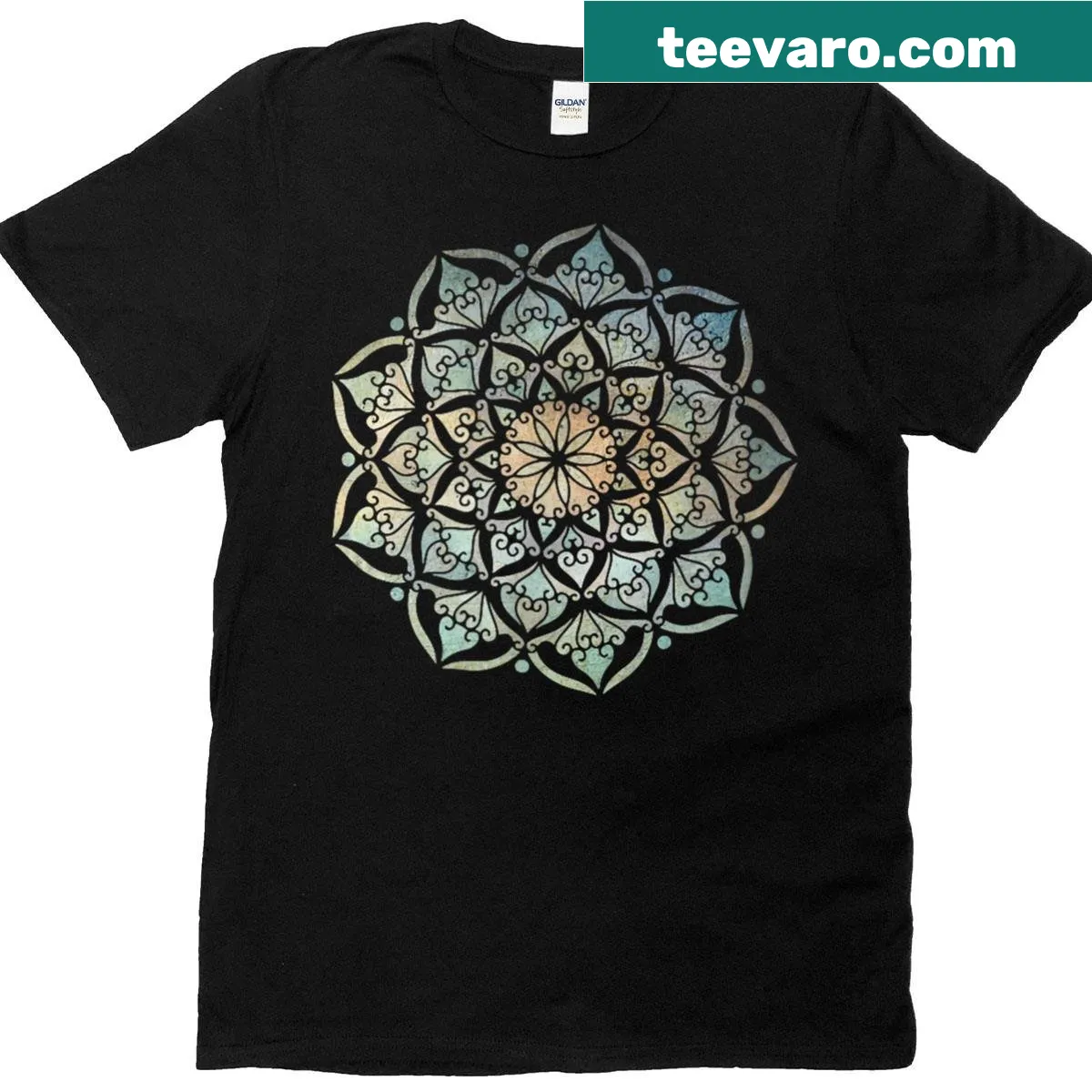 Distressed mandala graphic T-shirt featuring intricate geometric patterns — on a men's t-shirt