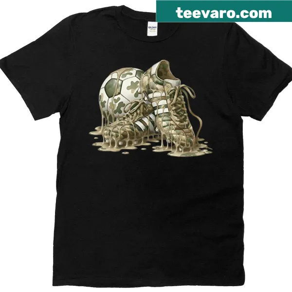 Graphic T-shirt featuring melting camo soccer cleats