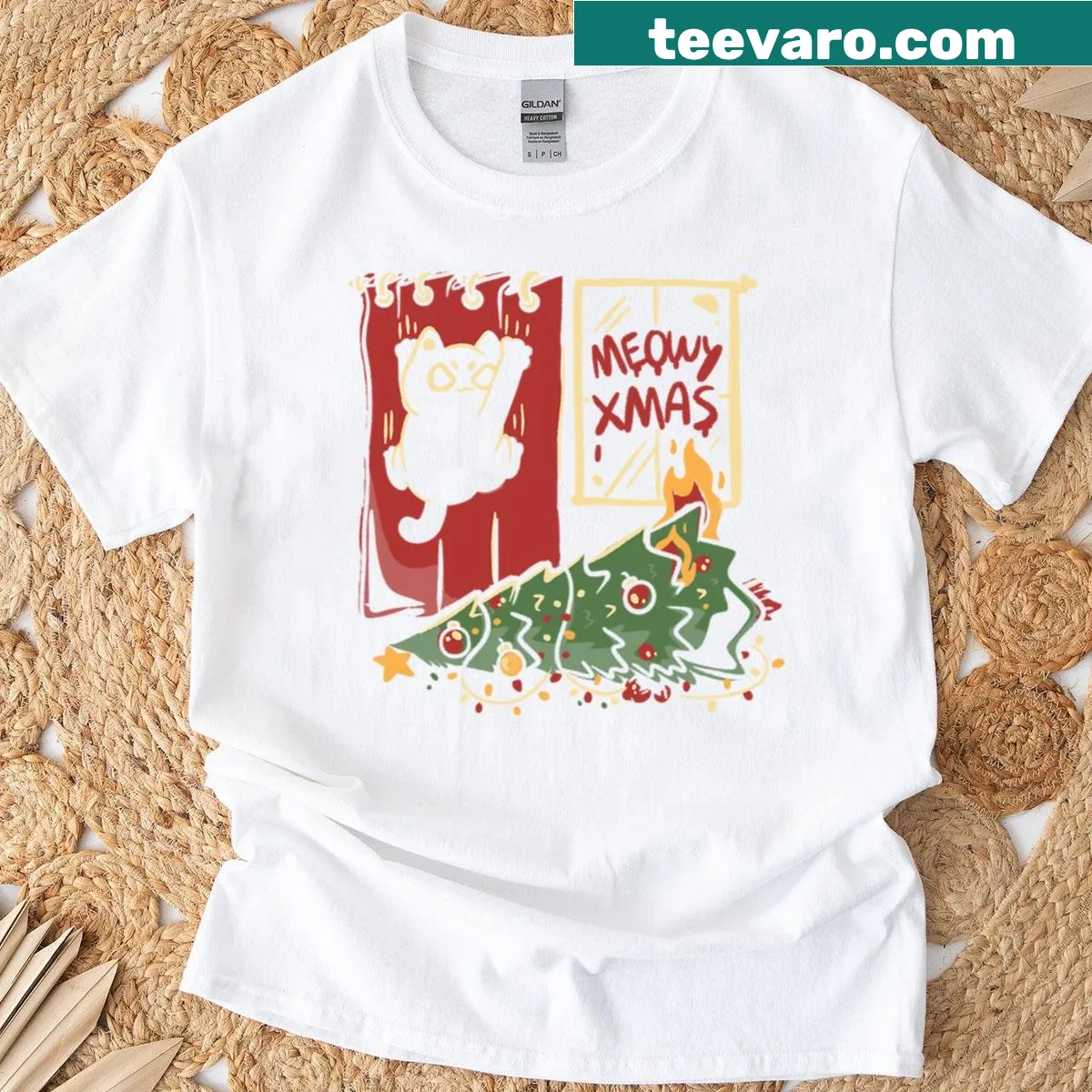 Cute T-shirt featuring a cat illustration for Christmas — on a men's t-shirt