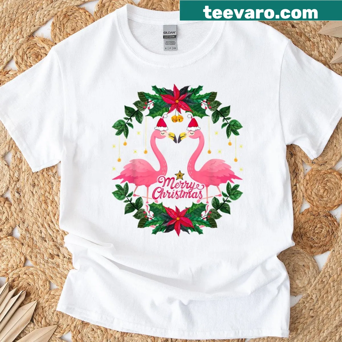 Flamingo holiday fun t-shirt with playful Christmas design — on a men's t-shirt