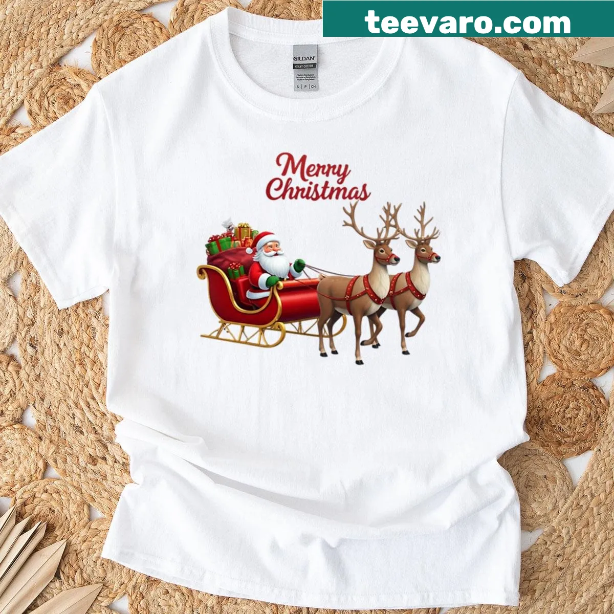 Festive Christmas shirt featuring Santa in sleigh with reindeer — on a men's t-shirt