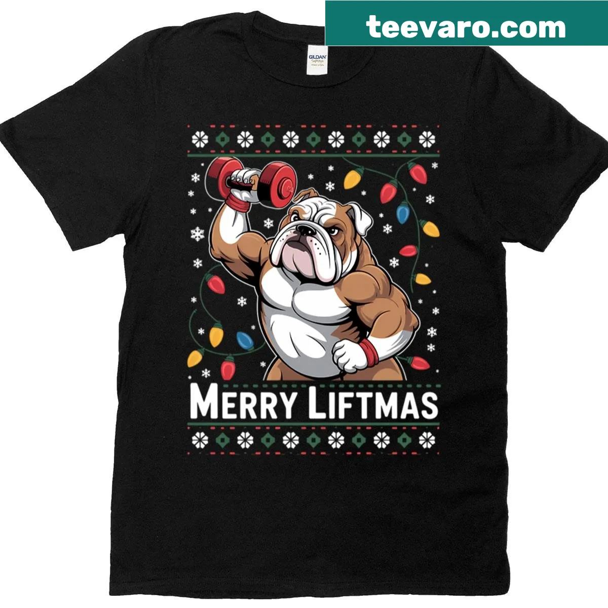 Festive shirt combining weightlifting and dog themes for Christmas — on a men's t-shirt