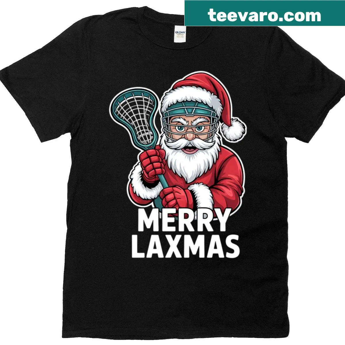 Humorous Santa Claus and lacrosse design on a Christmas T-shirt — on a men's t-shirt