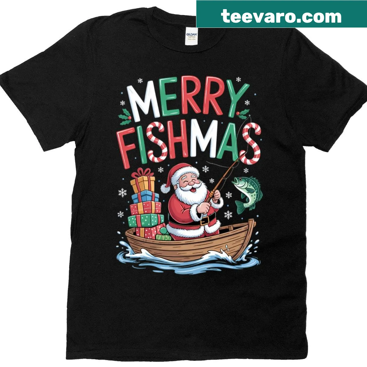 Funny Santa fishing themed Christmas t-shirt with playful cartoon design — on a men's t-shirt