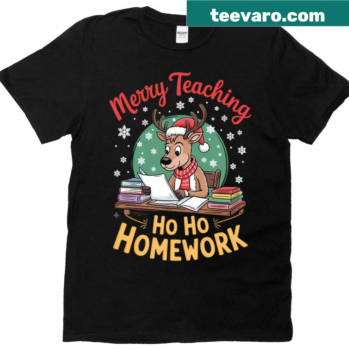 Teacher Christmas shirt featuring a cheerful reindeer illustration — on a men's t-shirt