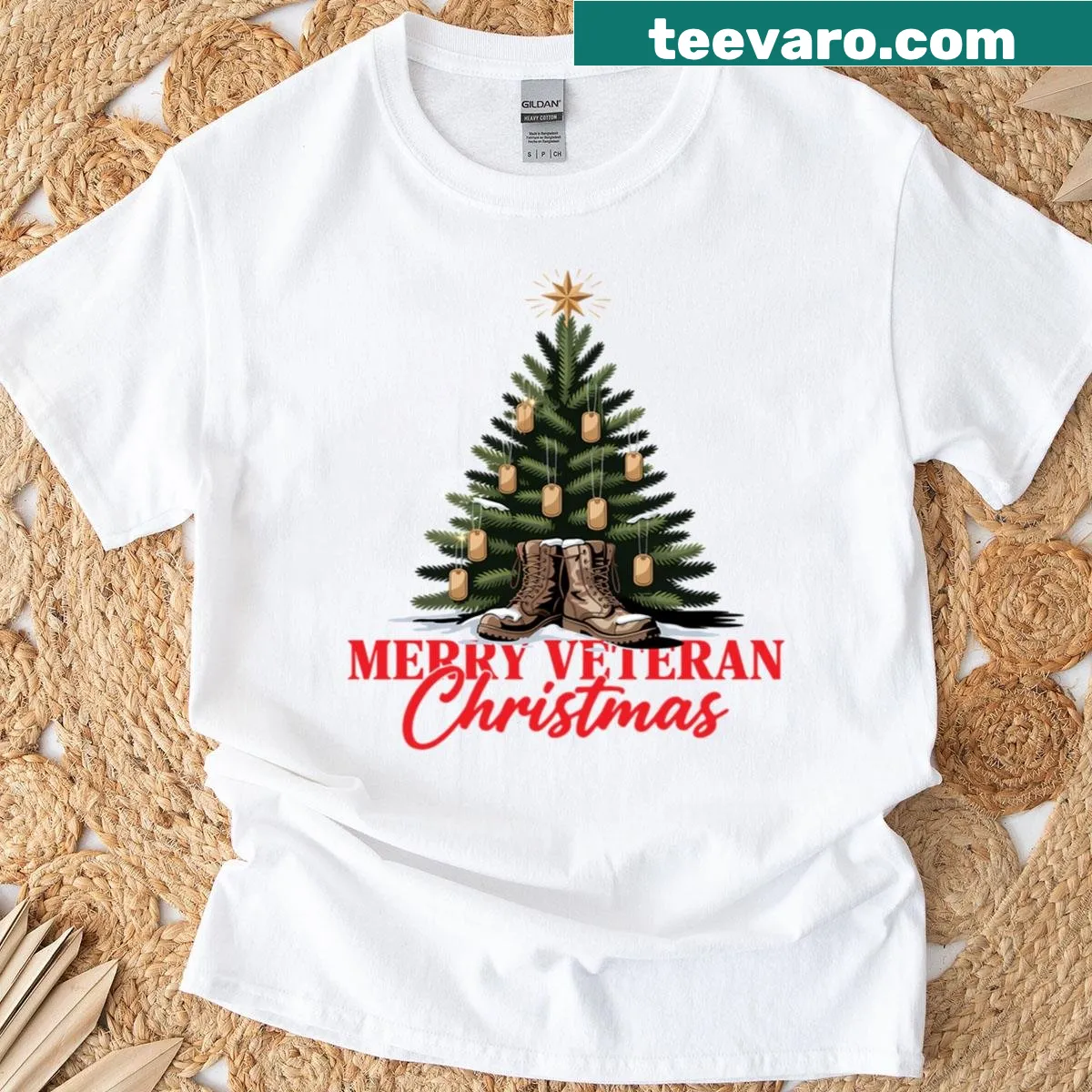 Vintage-style Christmas t-shirt with a camo boot Christmas tree — on a men's t-shirt