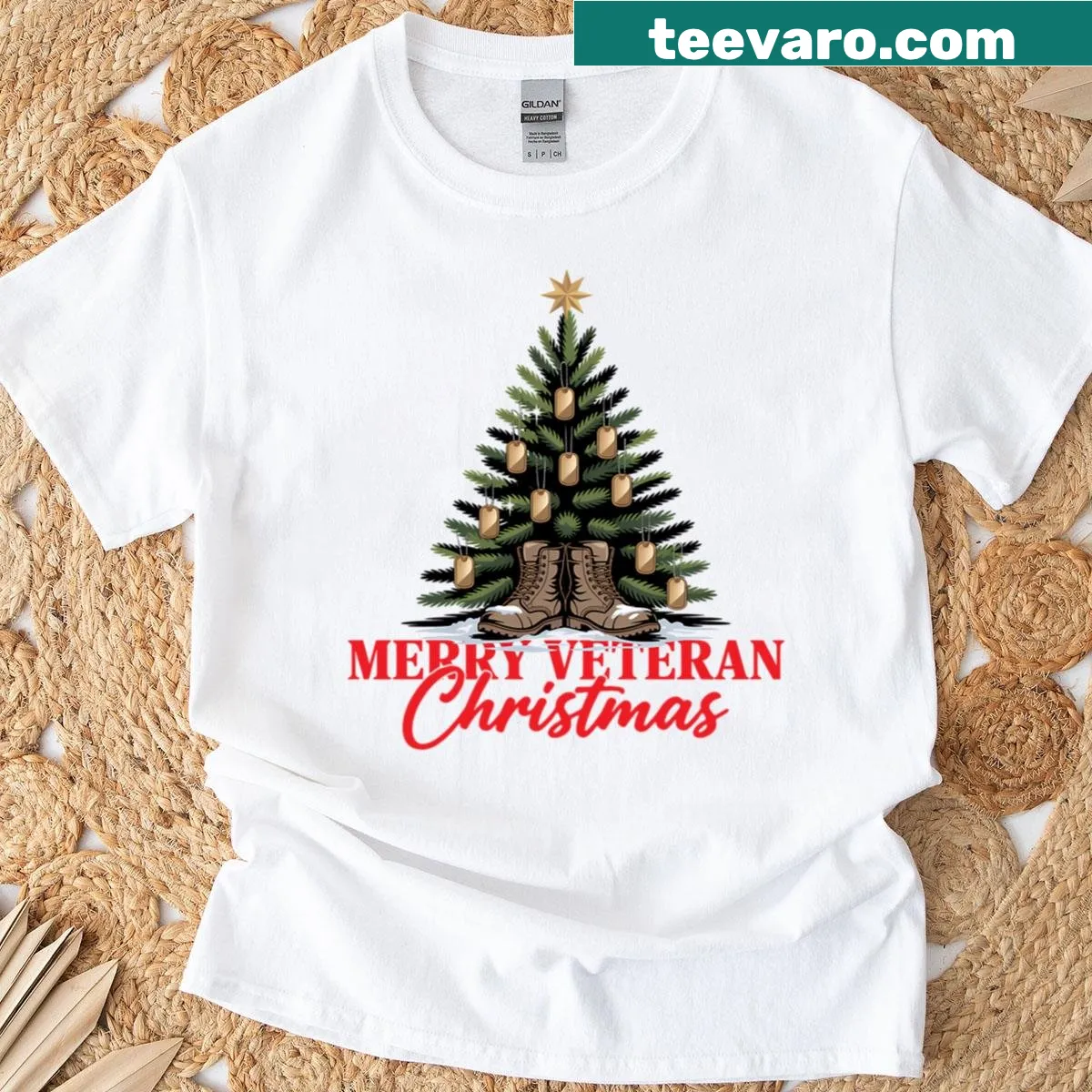 Christmas tree with camo boots and Thank You For Your Service text — on a men's t-shirt