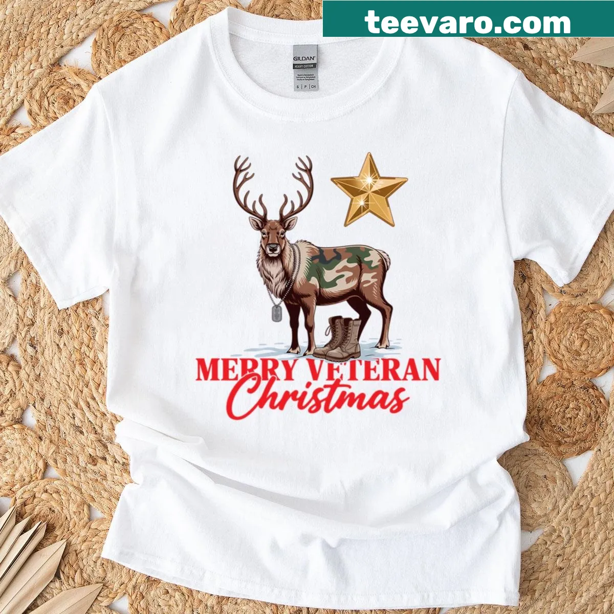 Reindeer wearing camo boots in a festive holiday design on a T-shirt — on a men's t-shirt