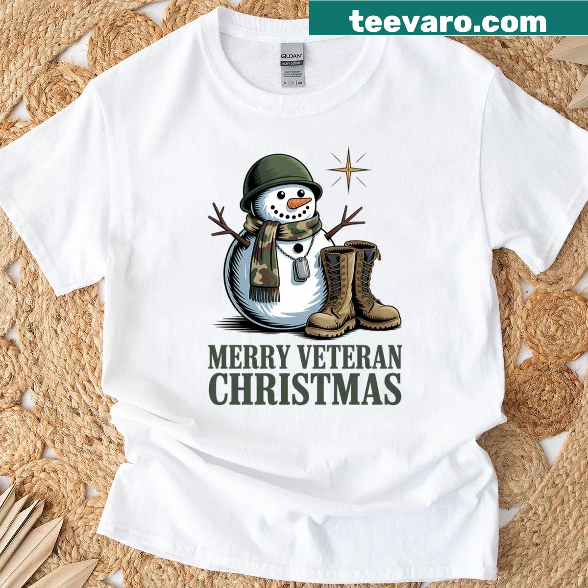 Christmas T-shirt featuring a snowman in camo boots — on a men's t-shirt