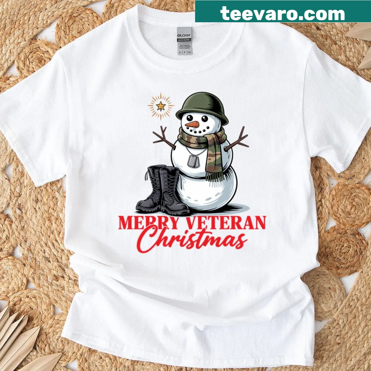 Christmas t-shirt with a snowman in camo boots — on a men's t-shirt