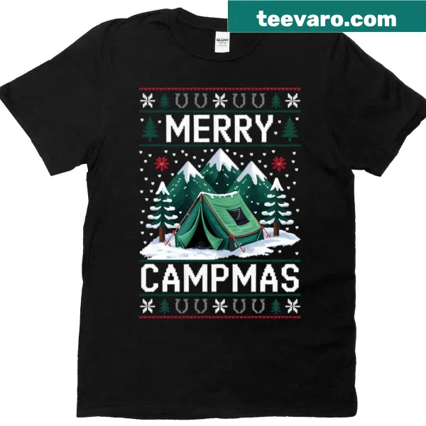 Funny camping-themed Christmas graphic on T-shirt