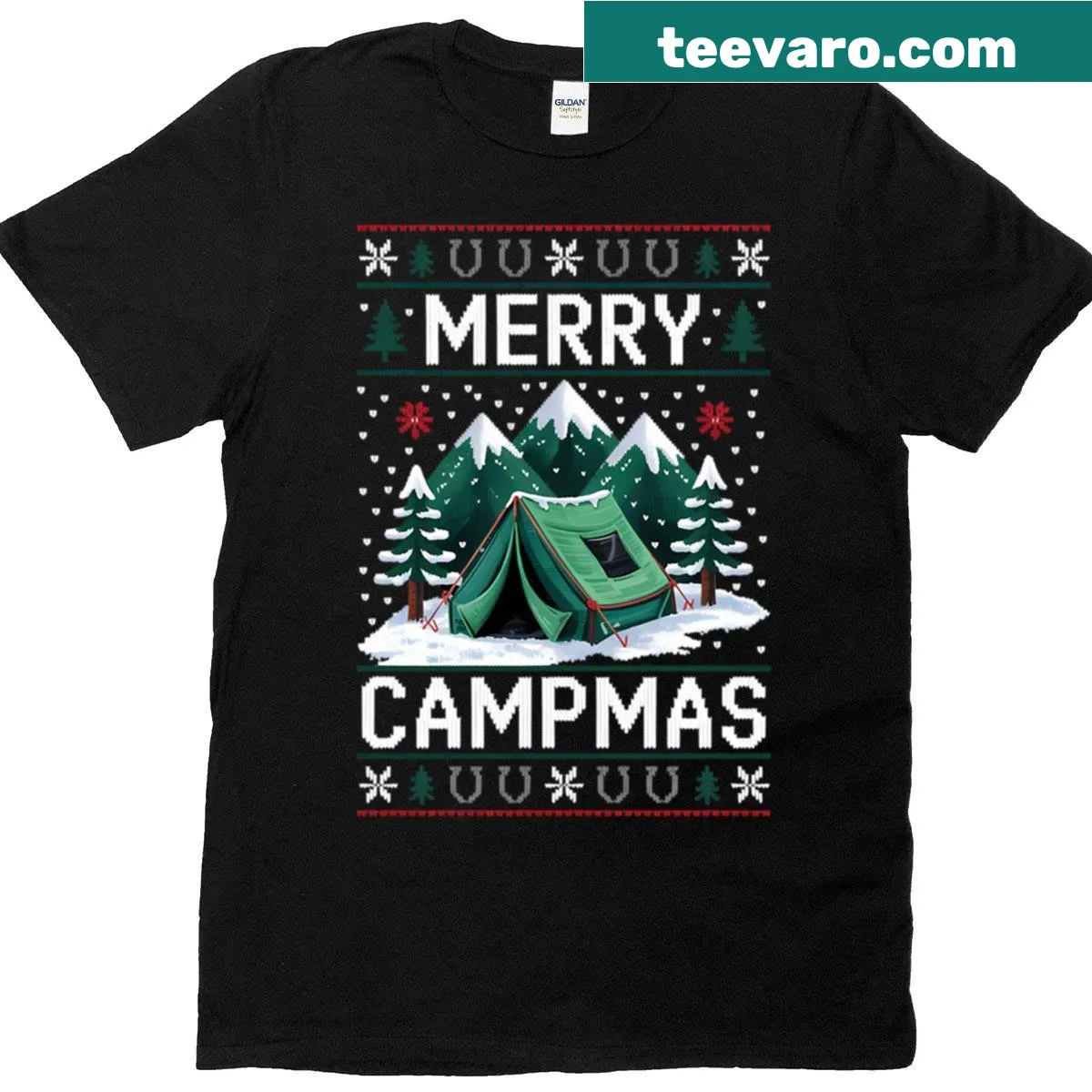 Funny camping-themed Christmas graphic on T-shirt — on a men's t-shirt