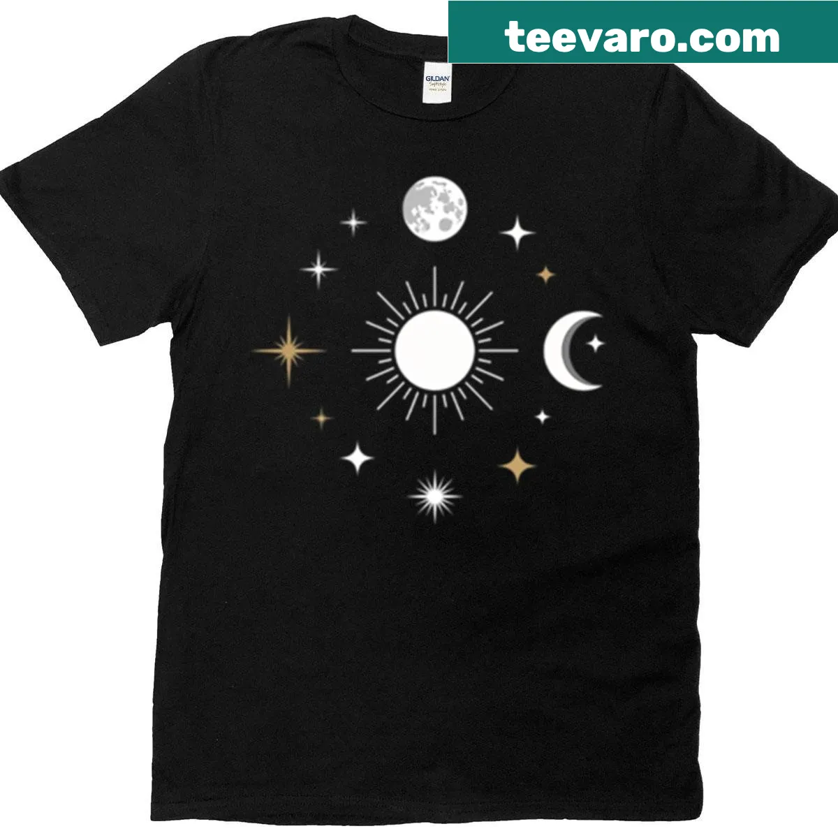 Minimalist celestial symbols t-shirt with line-art design — on a men's t-shirt