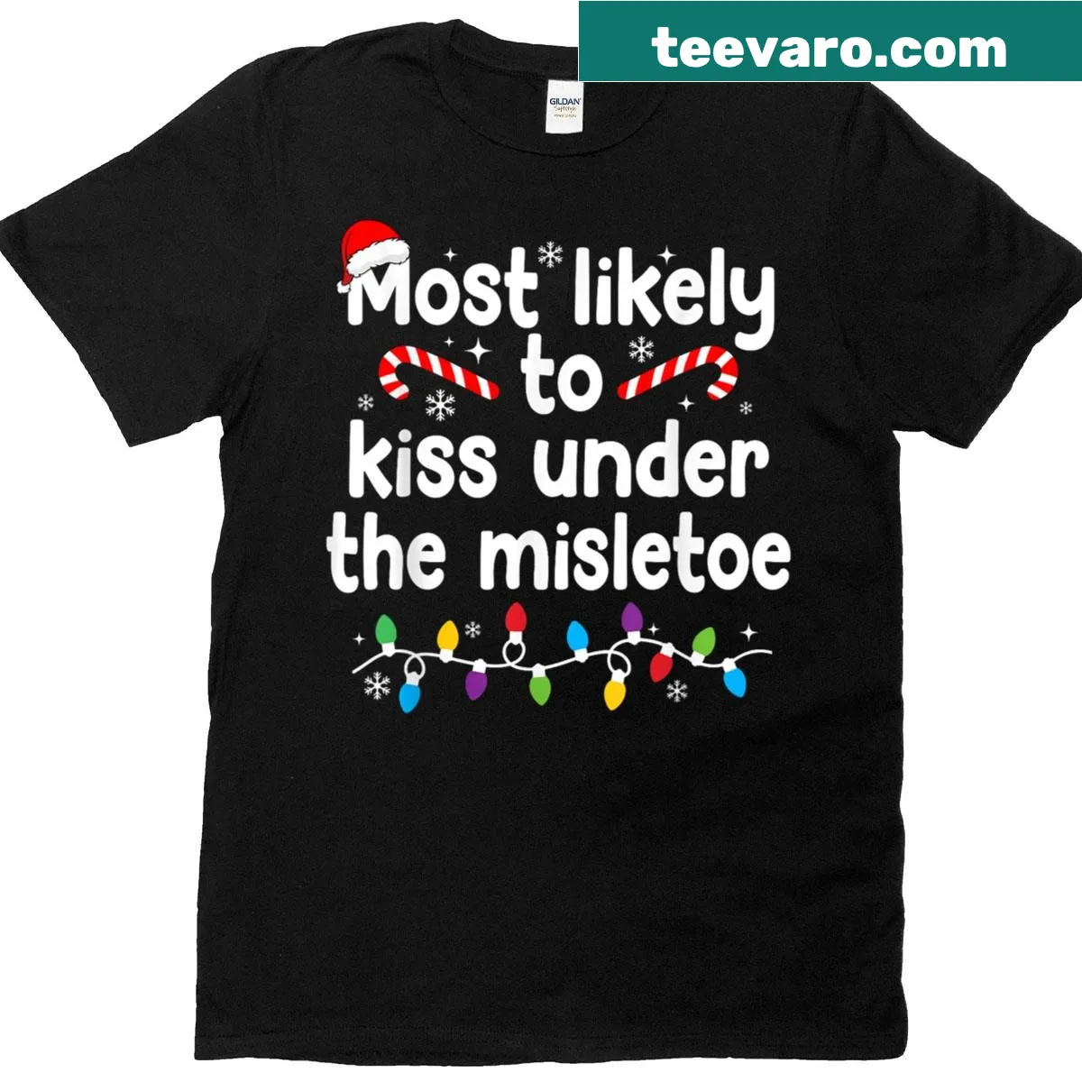 Whimsical Christmas shirt with the phrase about mistletoe kisses — on a men's t-shirt