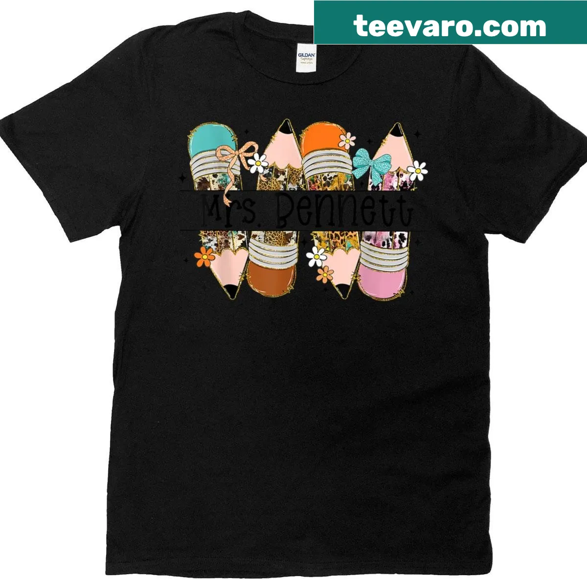 Teacher shirt with a cow and pencil illustration reading 'Mrs Bennett' — on a men's t-shirt