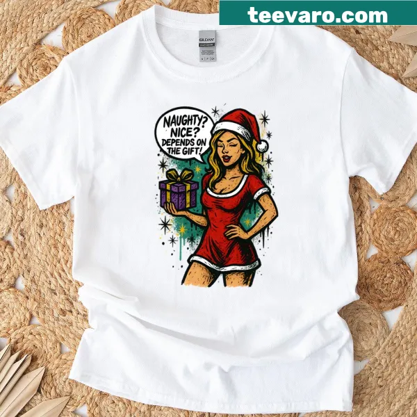 Retro Christmas T-shirt with 'Naughty Or Nice Depends On The Gift' text