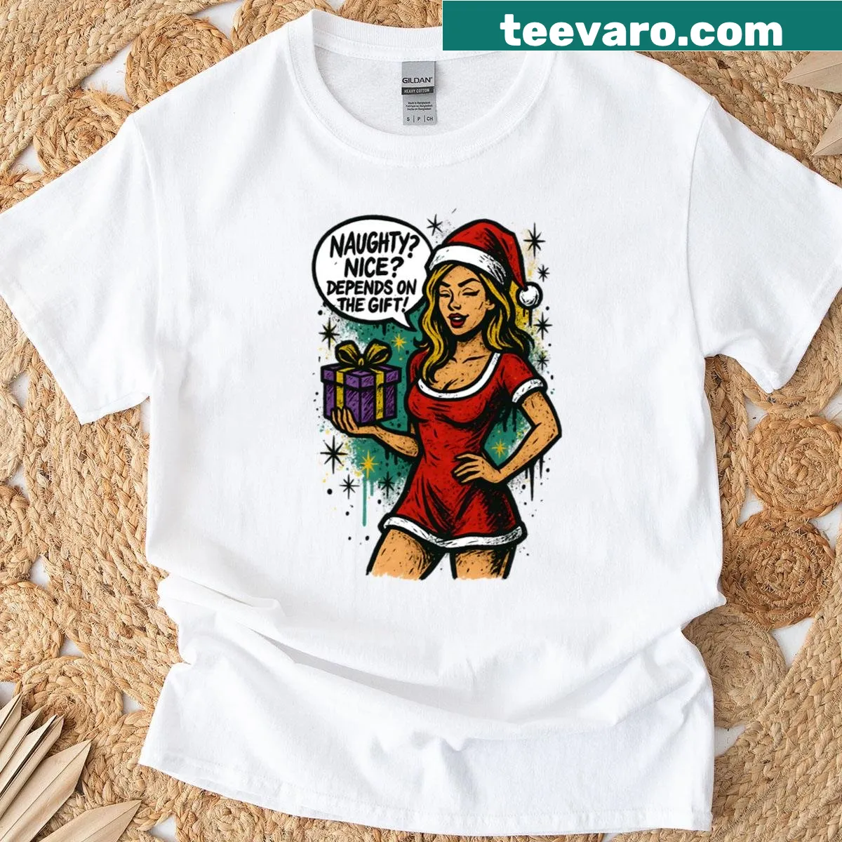 Retro Christmas T-shirt with 'Naughty Or Nice Depends On The Gift' text — on a men's t-shirt