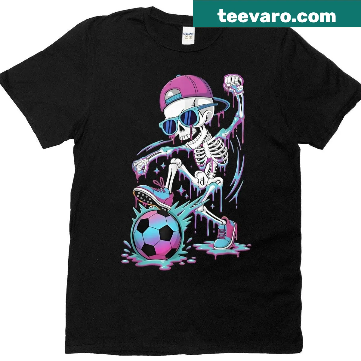 Neon skeleton soccer player graphic on T-shirt — on a men's t-shirt