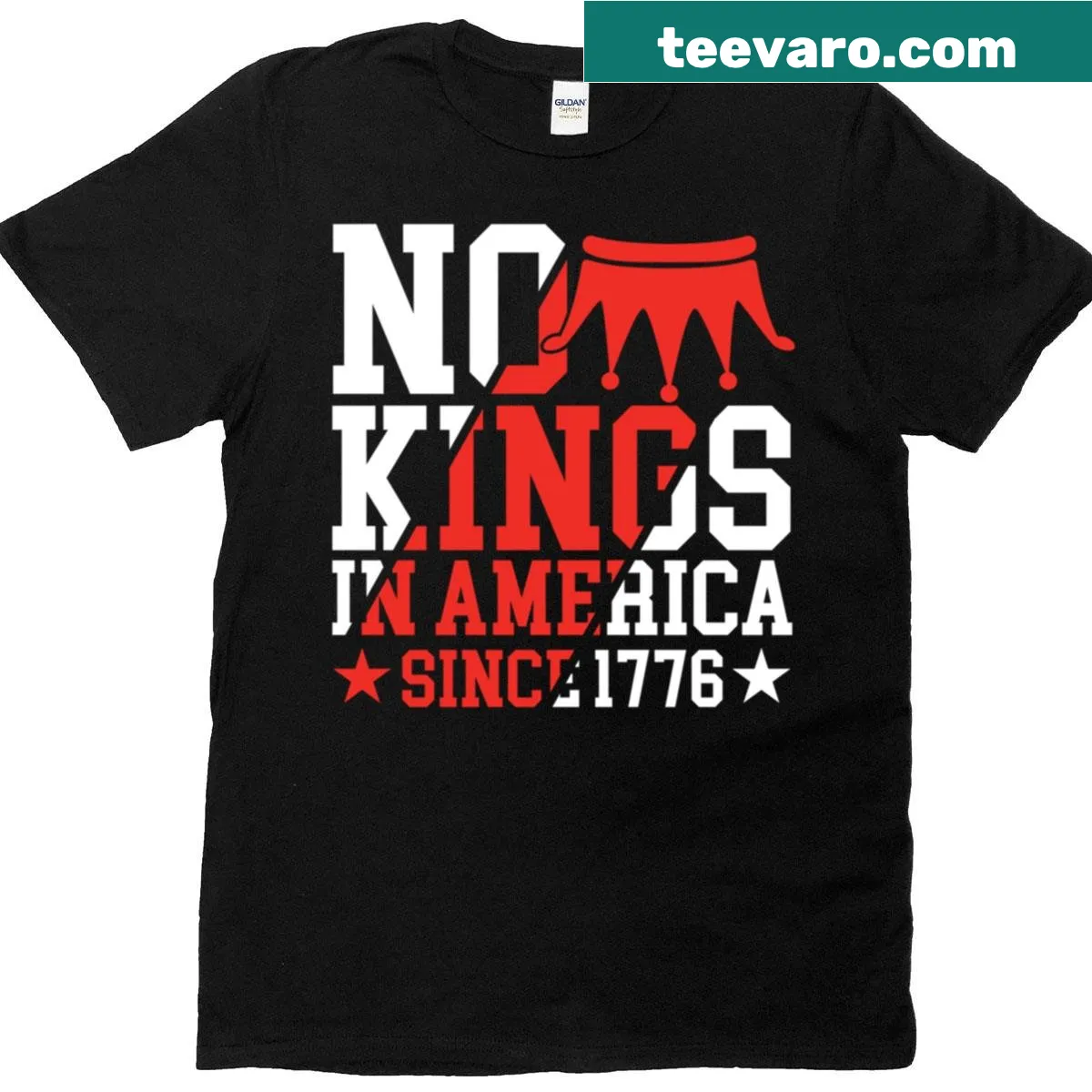 Bold typography proclaiming 'No Kings In America Since 1776.' — on a men's t-shirt
