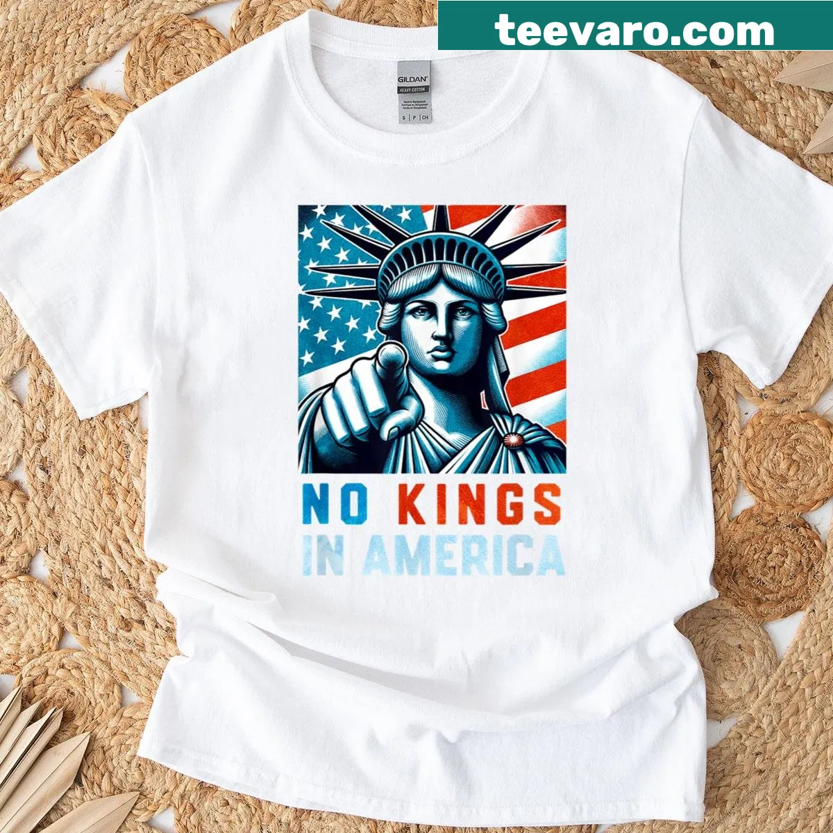 Statue of Liberty graphic with No Kings In America text on a t-shirt — on a men's t-shirt