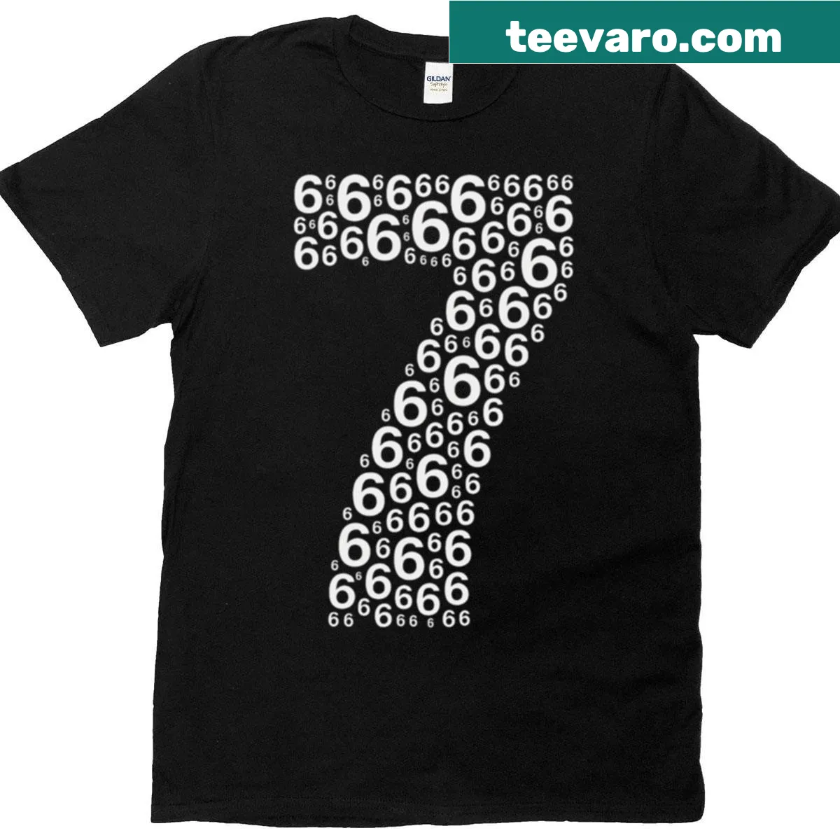 Optical illusion shirt featuring the number 7 made of 6s. — on a men's t-shirt