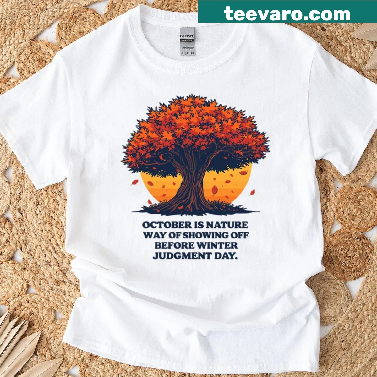 T-shirt with autumn tree illustration design — on a men's t-shirt