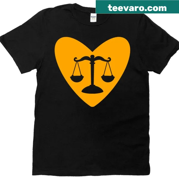 Orange heart scales of justice design on a T-shirt