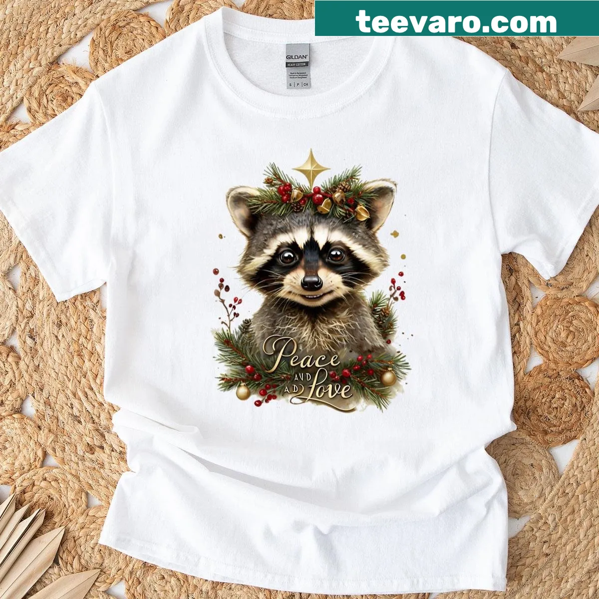 Cute raccoon in a Christmas wreath with peace and love message — on a men's t-shirt