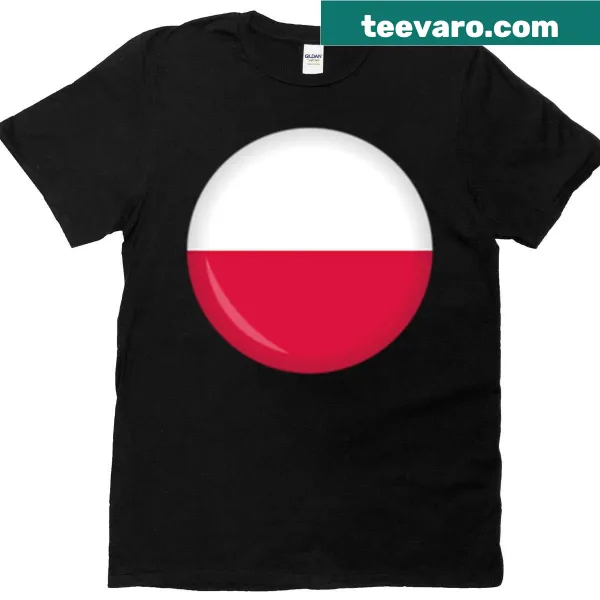 Glossy round icon of the Poland flag on a T-shirt