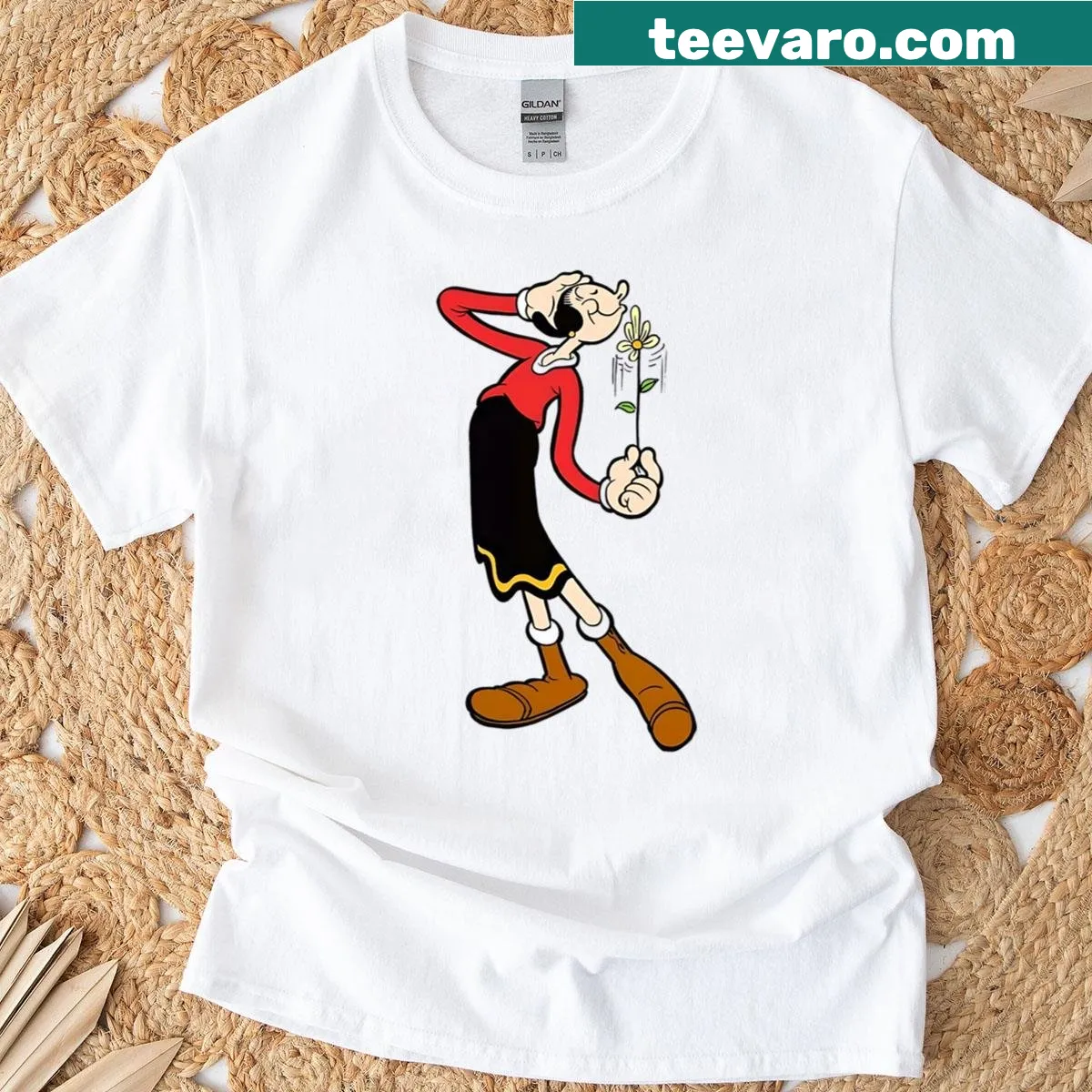 Nostalgic T-shirt featuring Popeye and Olive Oyl illustration — on a men's t-shirt