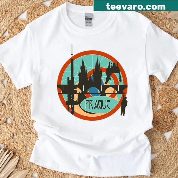 Illustrated graphic of a famous Prague bridge on a T-shirt