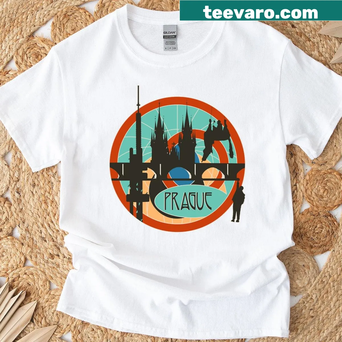 Illustrated graphic of a famous Prague bridge on a T-shirt — on a men's t-shirt