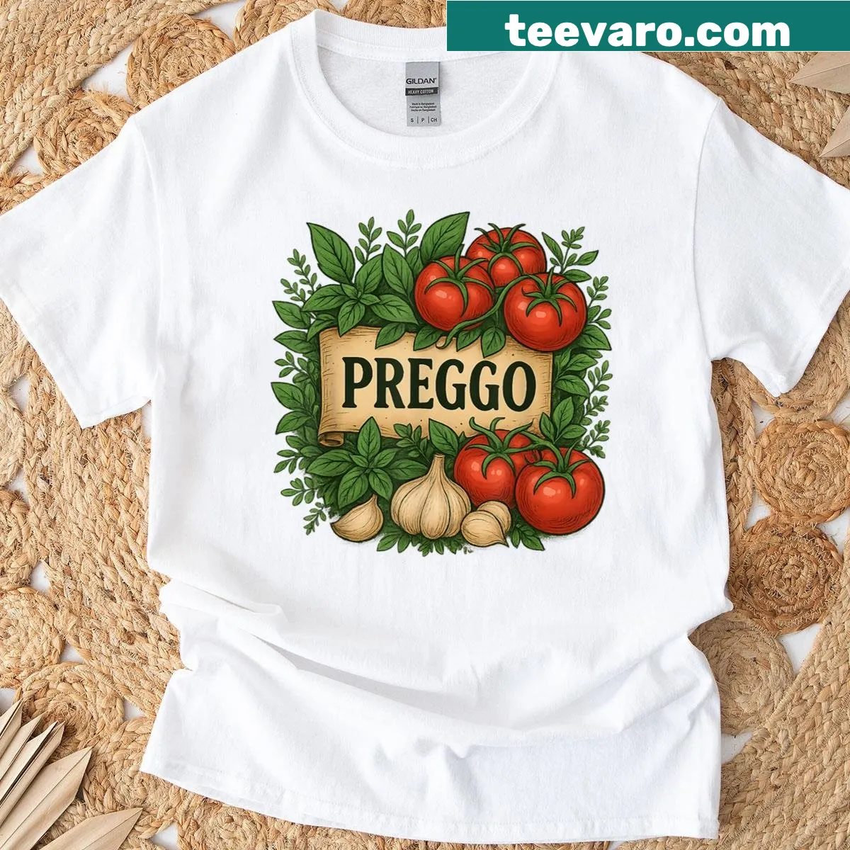 Preggo Sauce pregnancy announcement T-shirt with playful design. — on a men's t-shirt