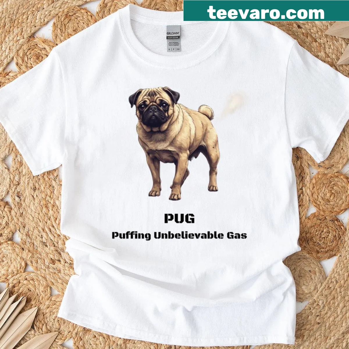 Funny cartoon pug puffing gas on a T-shirt — on a men's t-shirt