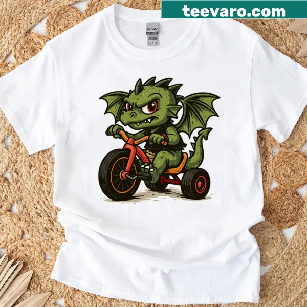 Punk dragon riding a big wheel on a T-shirt