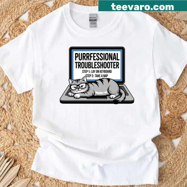 Funny typography design of Purrfessional Troubleshooter on a t-shirt