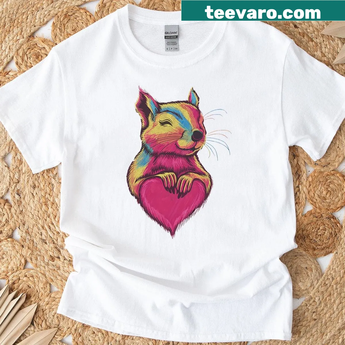 Cute squirrel hugging a heart illustration on a premium T-shirt — on a men's t-shirt