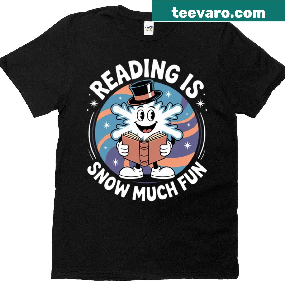 Charming T-shirt for book lovers with snowflakes and top hat design — on a men's t-shirt