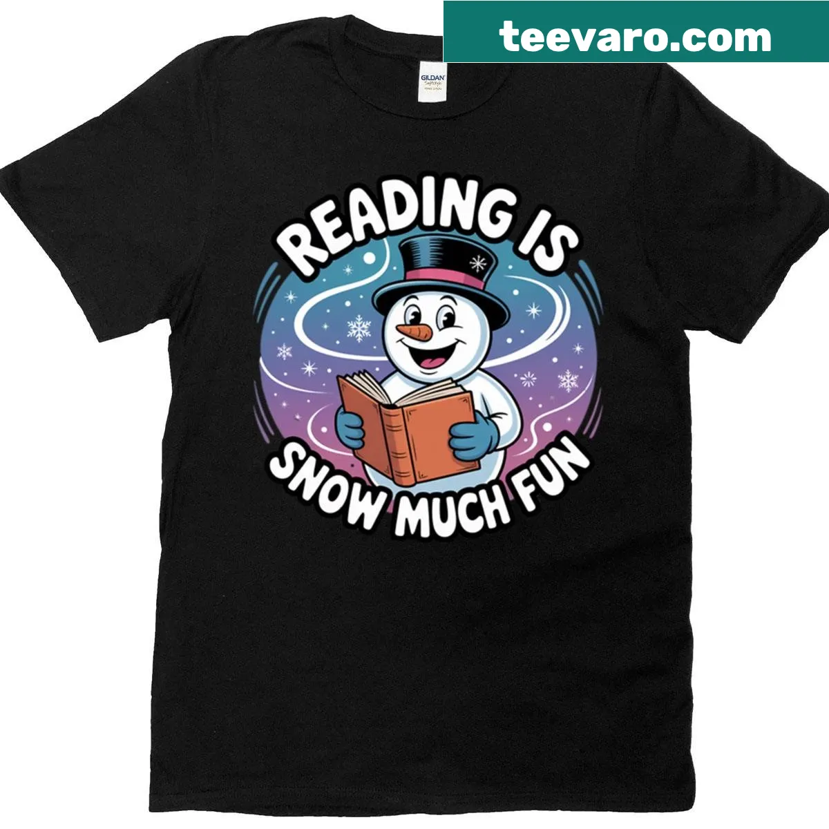 Illustrated snowman with a book for winter reading lovers — on a men's t-shirt